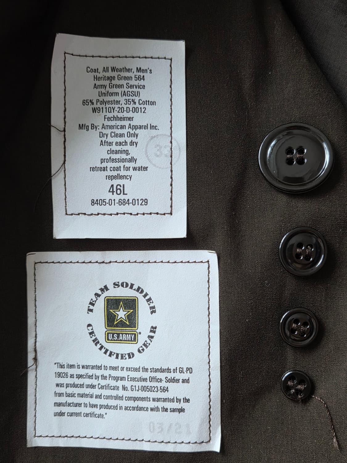 2020 OG US Army AGSU 트렌치 코트 상품이미지4