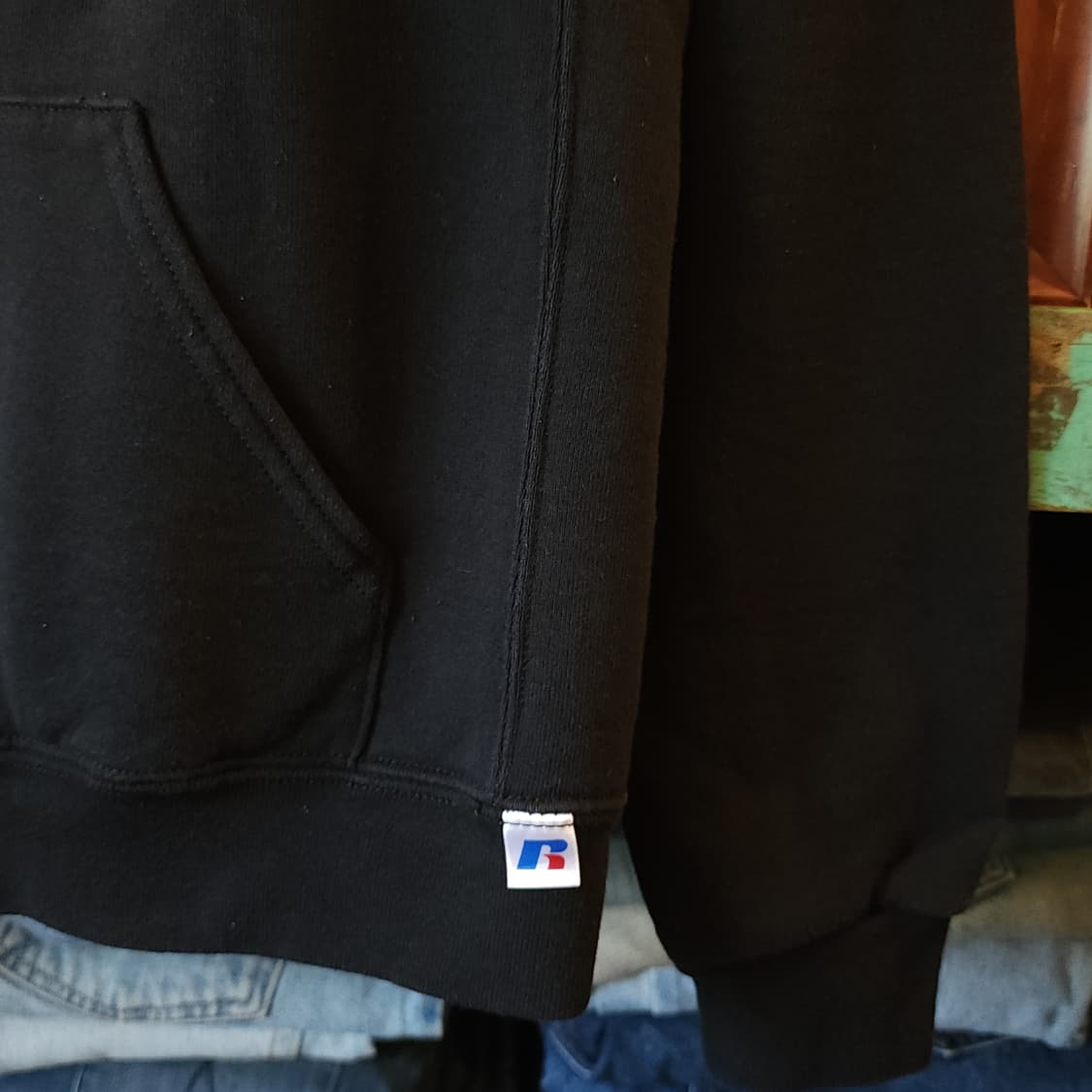 90s 러셀 후드 스웻셔츠 싸커 미국 오리지널 빈티지 레터링 블랙 XL 상품이미지6