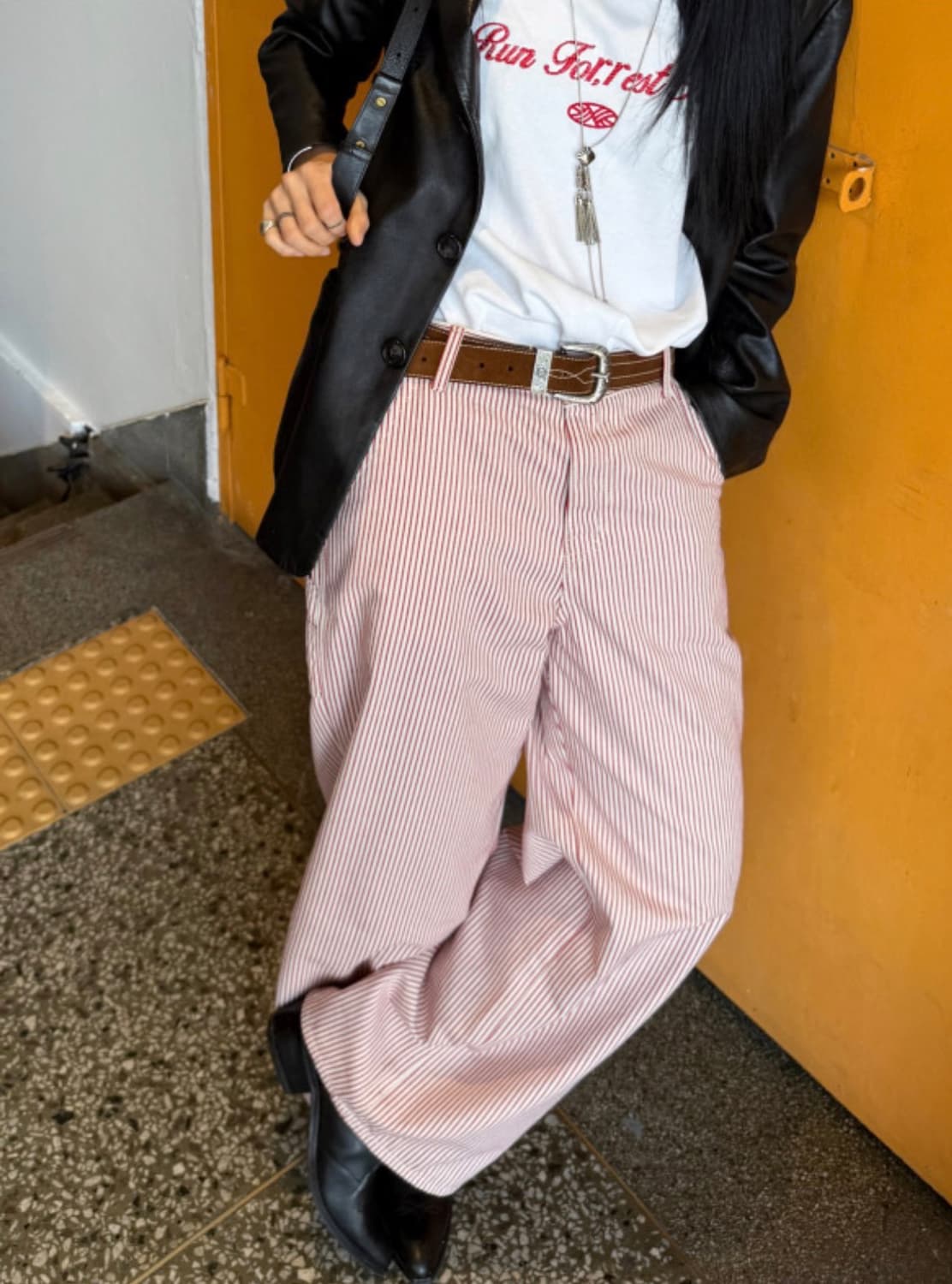 미나수 레드스트라이프 코튼 와이드팬츠 (S-M) 상품이미지4