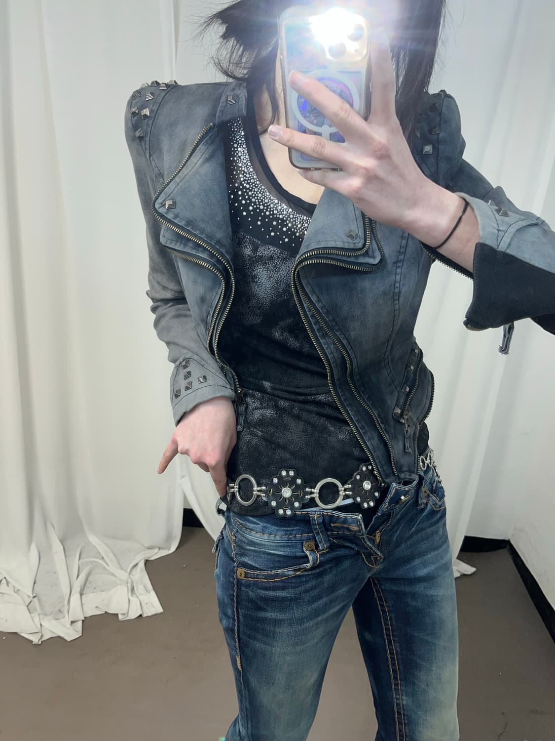 락시크 그레이 데님 스터드 자켓 상품이미지3