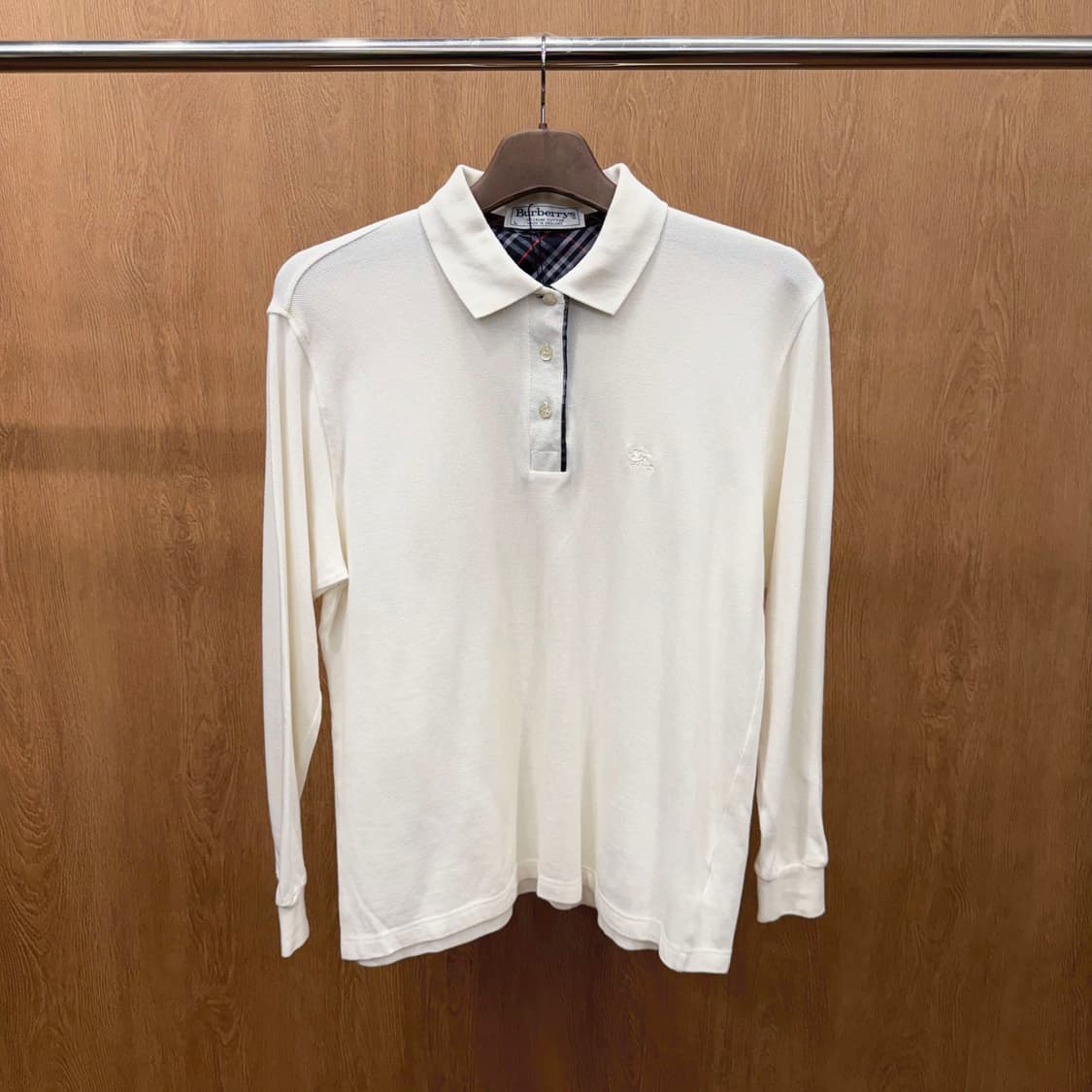 버버리 코튼 PK 긴팔 티셔츠 로고 자수 체크 배색 안감 디테일 화이트 상품이미지2