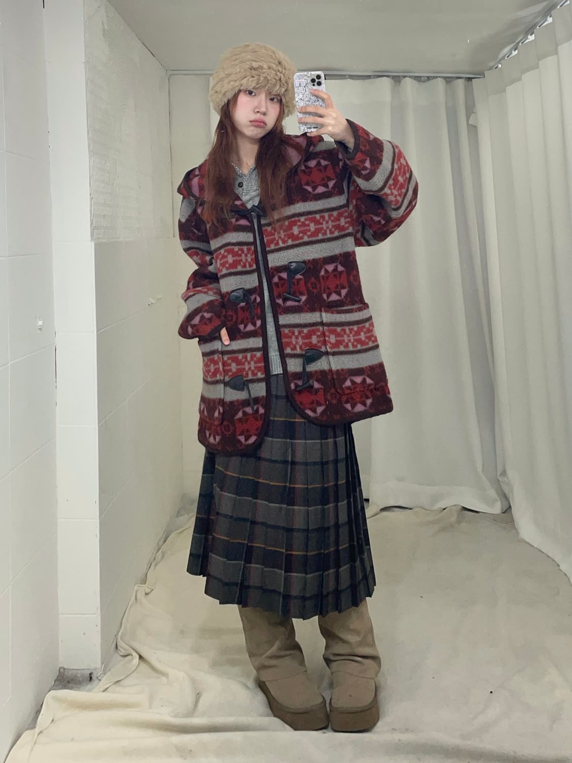 빈티지 레드 그레이 데일리 노르딕 소녀 코디 세트 상품이미지1