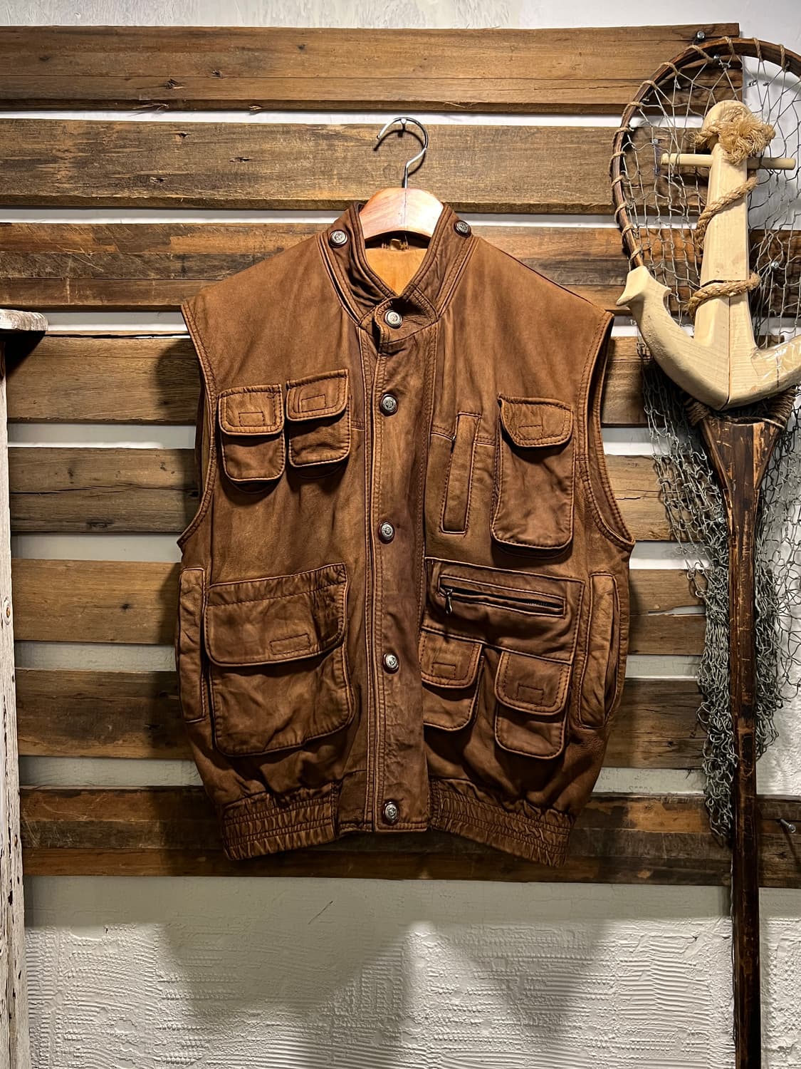 [L]90's USA 빈티지 브라운 리얼레더 멀티포켓 헌팅 베스트 상품이미지1
