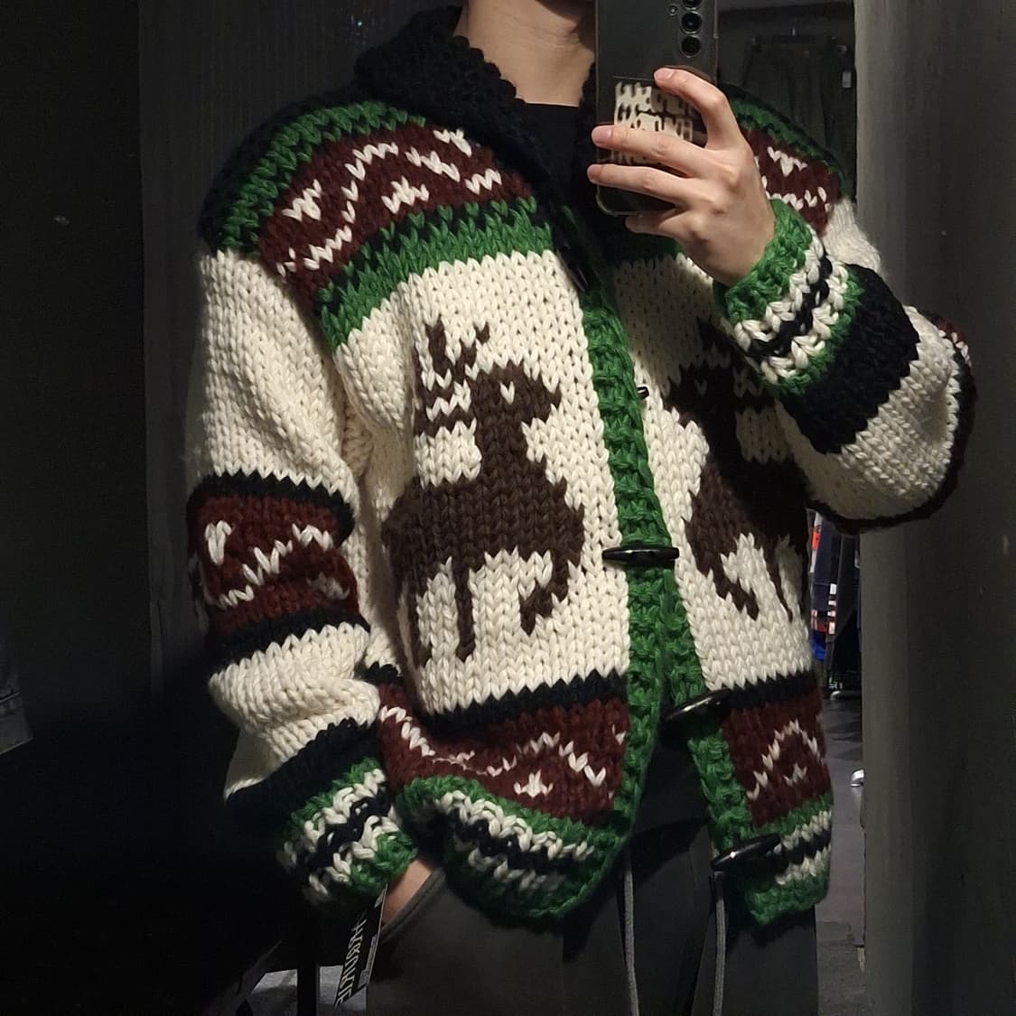 빈티지 아이보리 그린 멀티컬러 노르딕 패턴 숄카라 코위찬 니트 가디건 상품이미지2