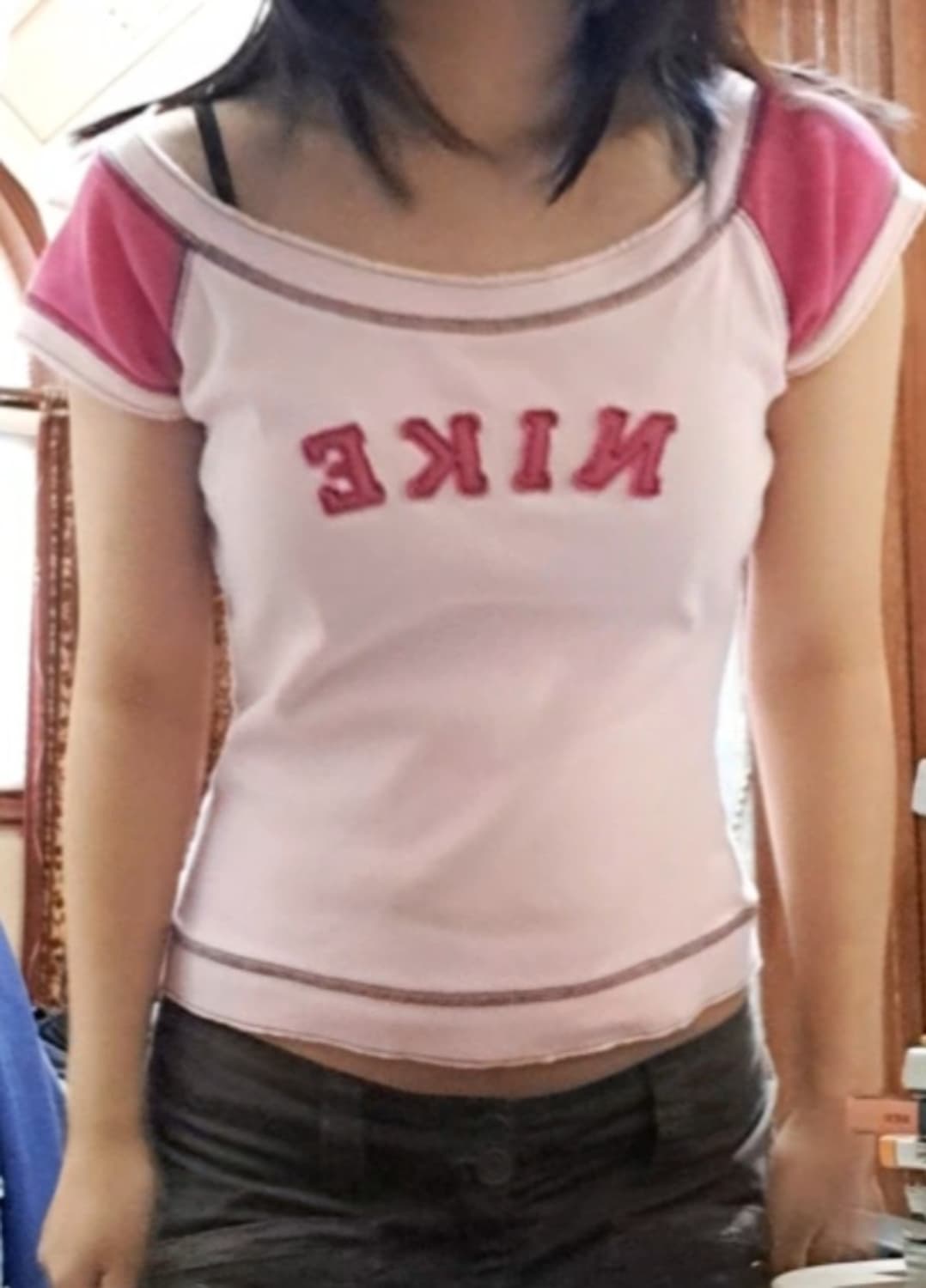 갸루 Y2k 나이키 핑크 패치 u넥 반팔티 상품이미지1