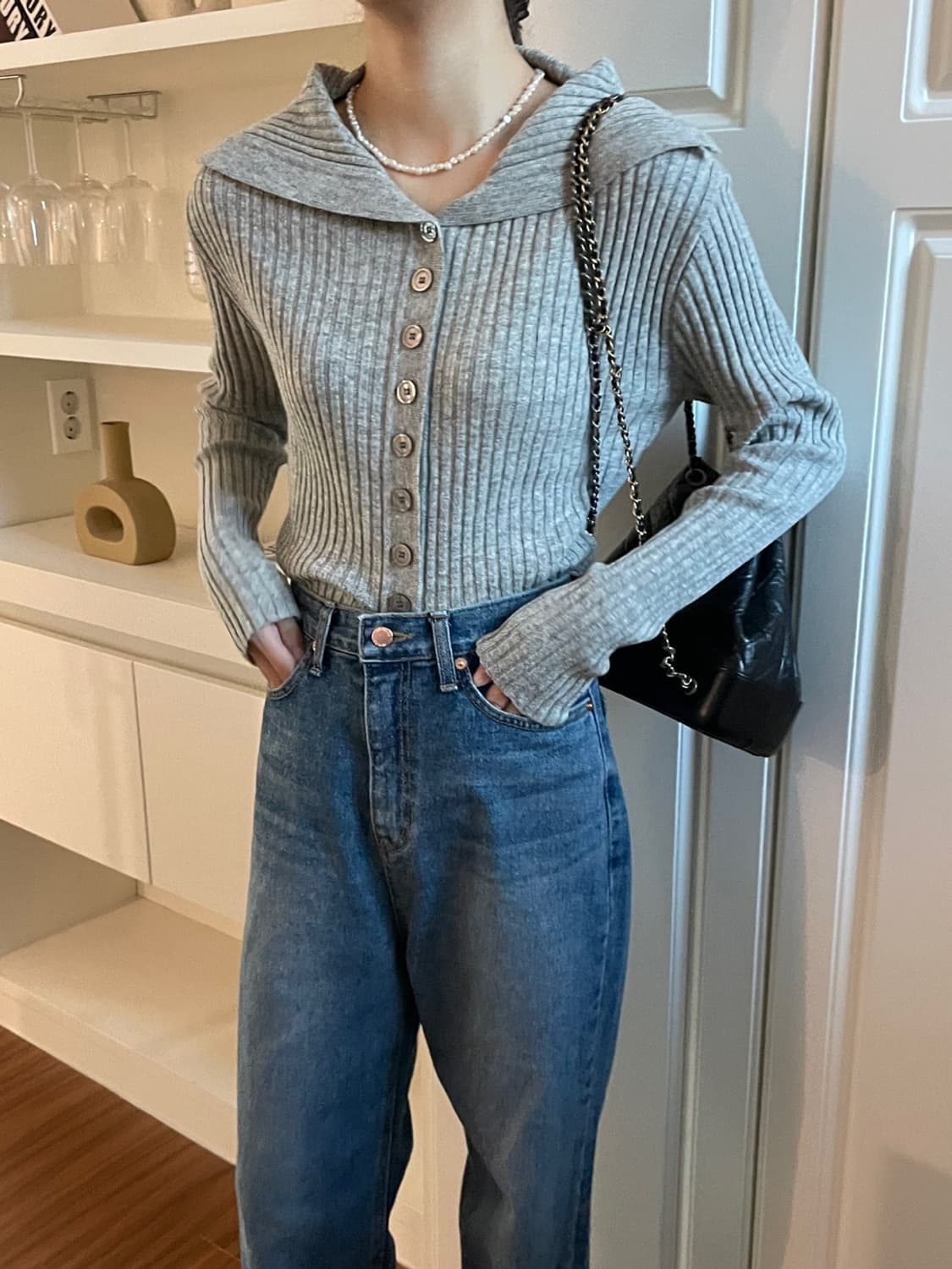 메리경 버튼 골지 니트 가디건 그레이 상품이미지4