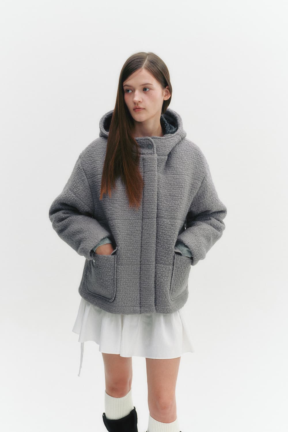 모일리 울70 푸들 도트 후드 점퍼 코트 상품이미지1