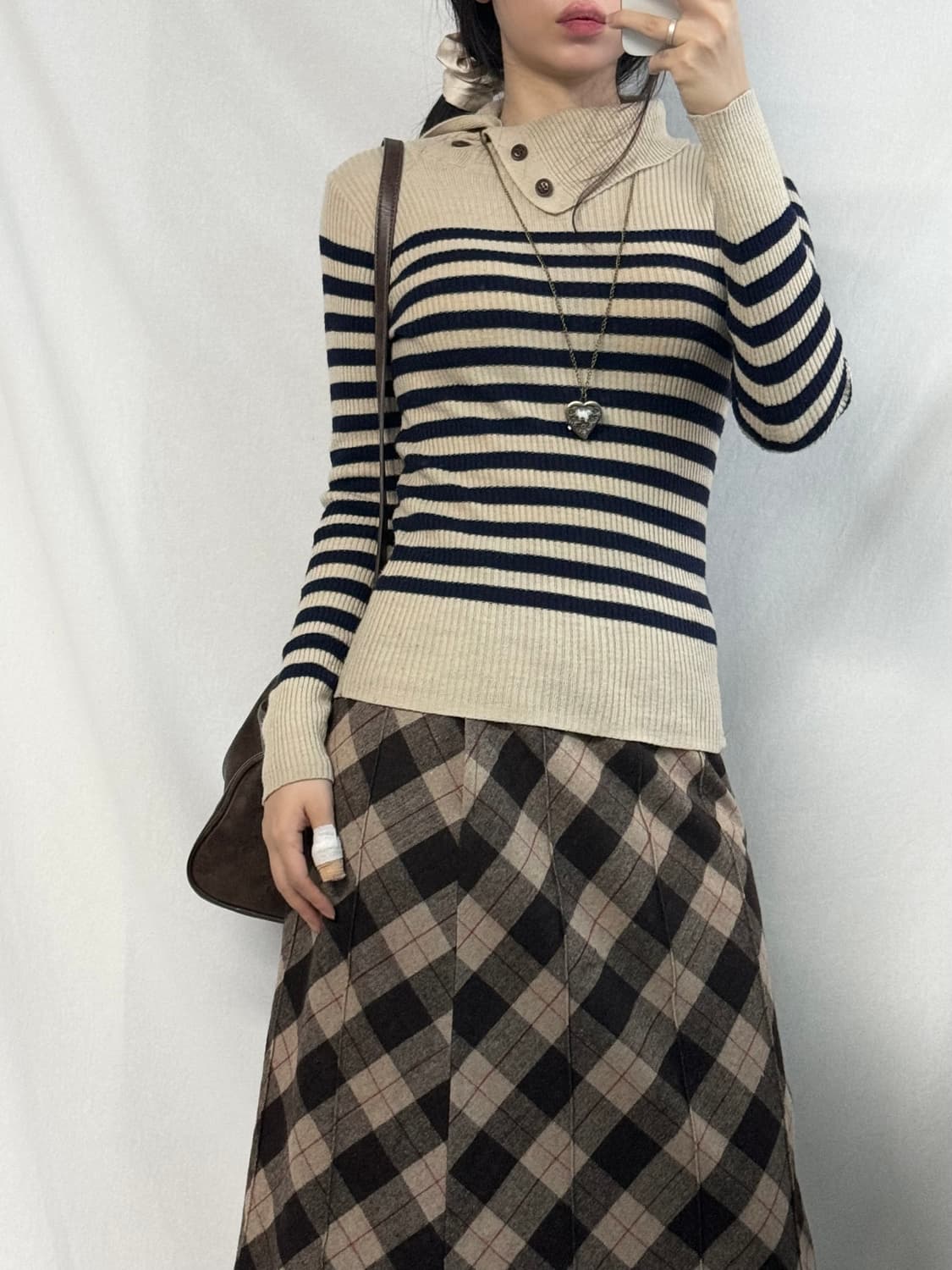 울 체크 패턴 롱 스커트 상품이미지3