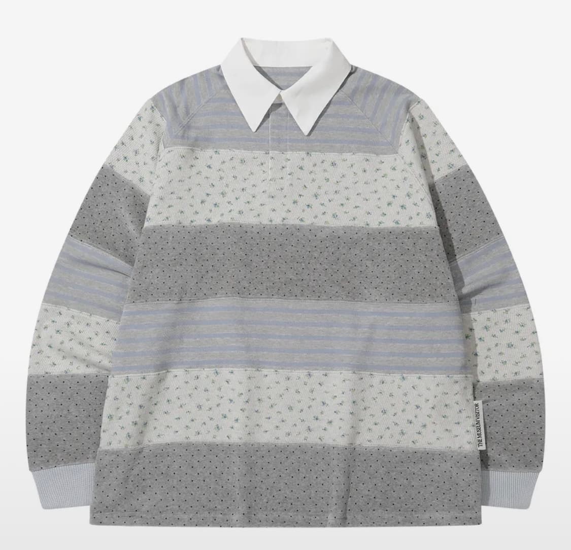 더뮤지엄비지터 스트라이프 패치워크 PK 긴팔티 회색 상품이미지1