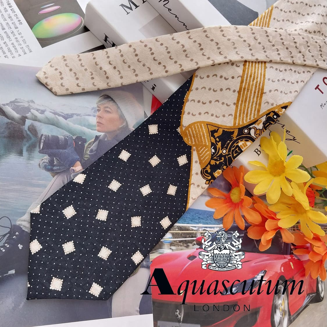 아쿠아스큐텀 아이보리 & 블랙 패턴 넥타이 9.5cm A+등급 K2587 상품이미지2
