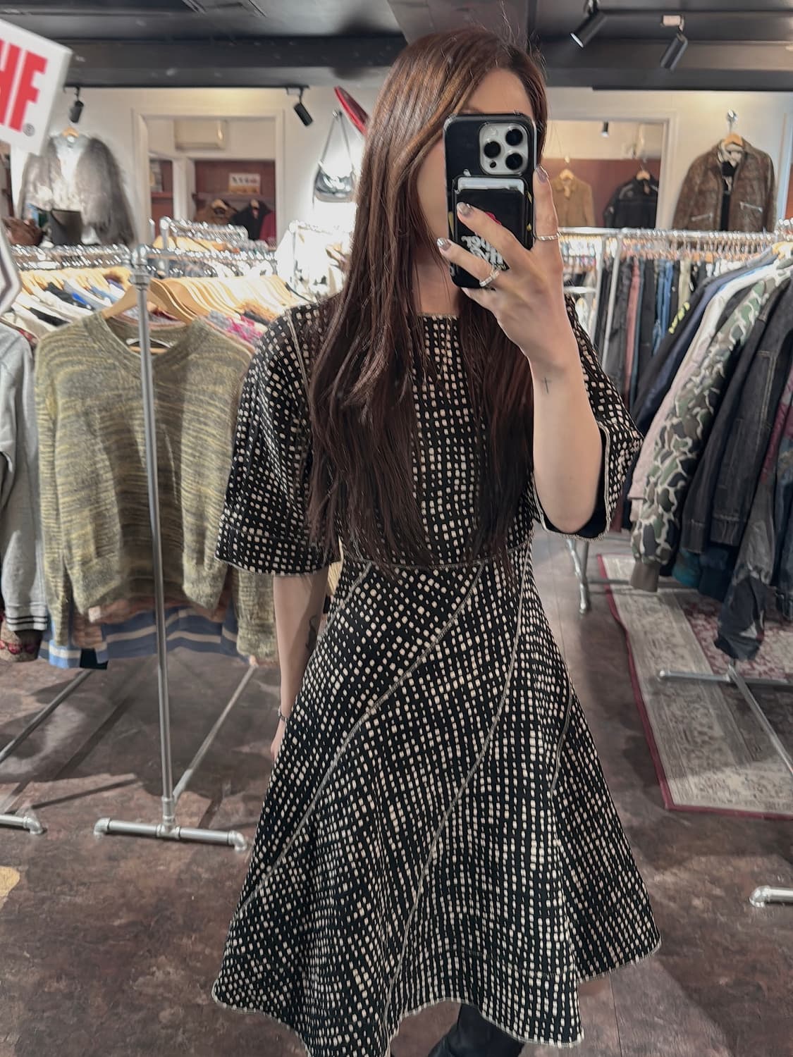 michaa 미샤 체크 패턴 플레어 스티치 절개 라인 원피스 S 상품이미지10