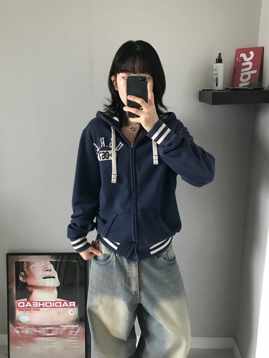 폴로 진스 컴퍼니 자수 로고 블루 후드집업 상품이미지1