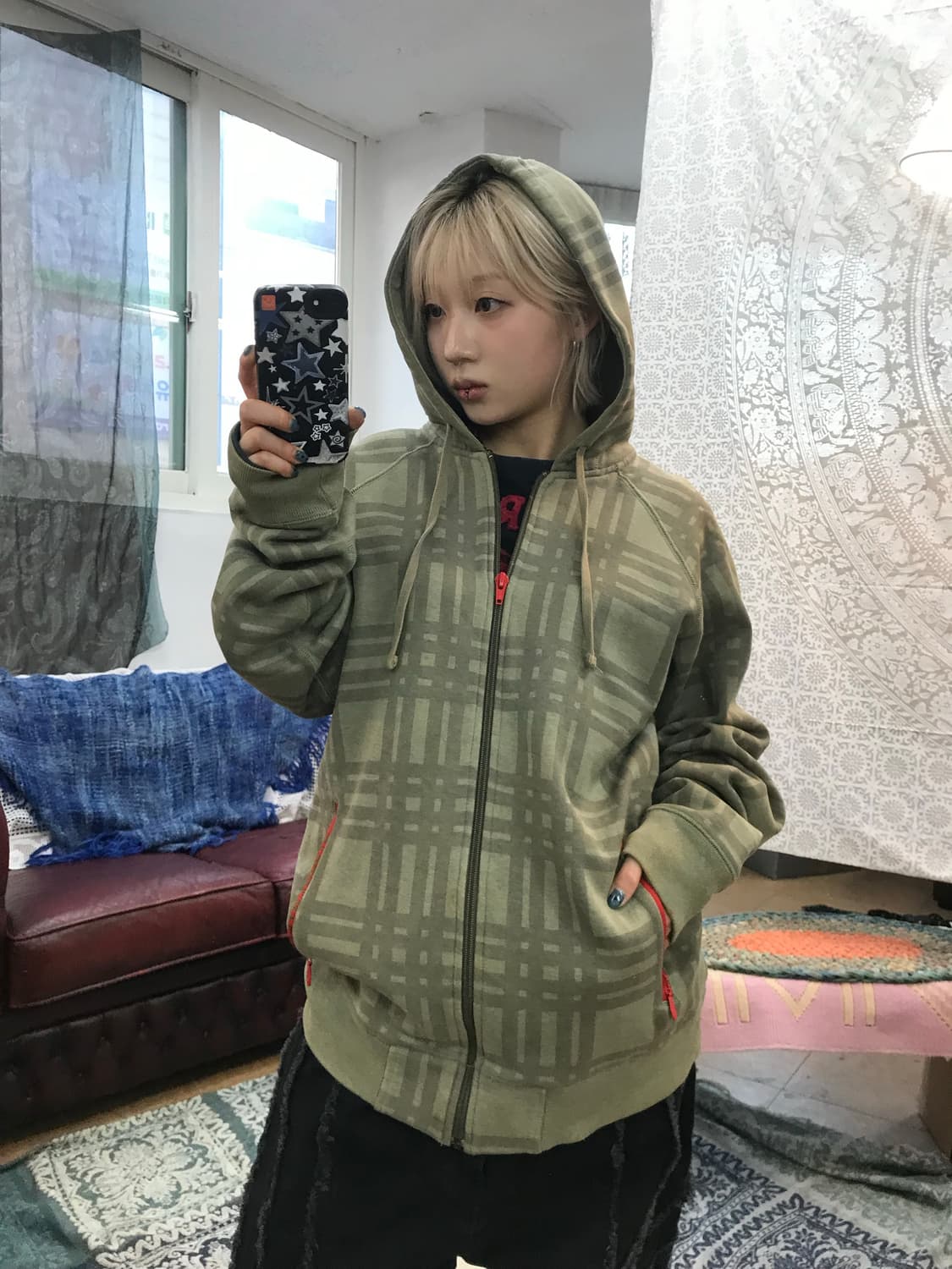 스투시 기모 체크 후드집업  상품이미지1