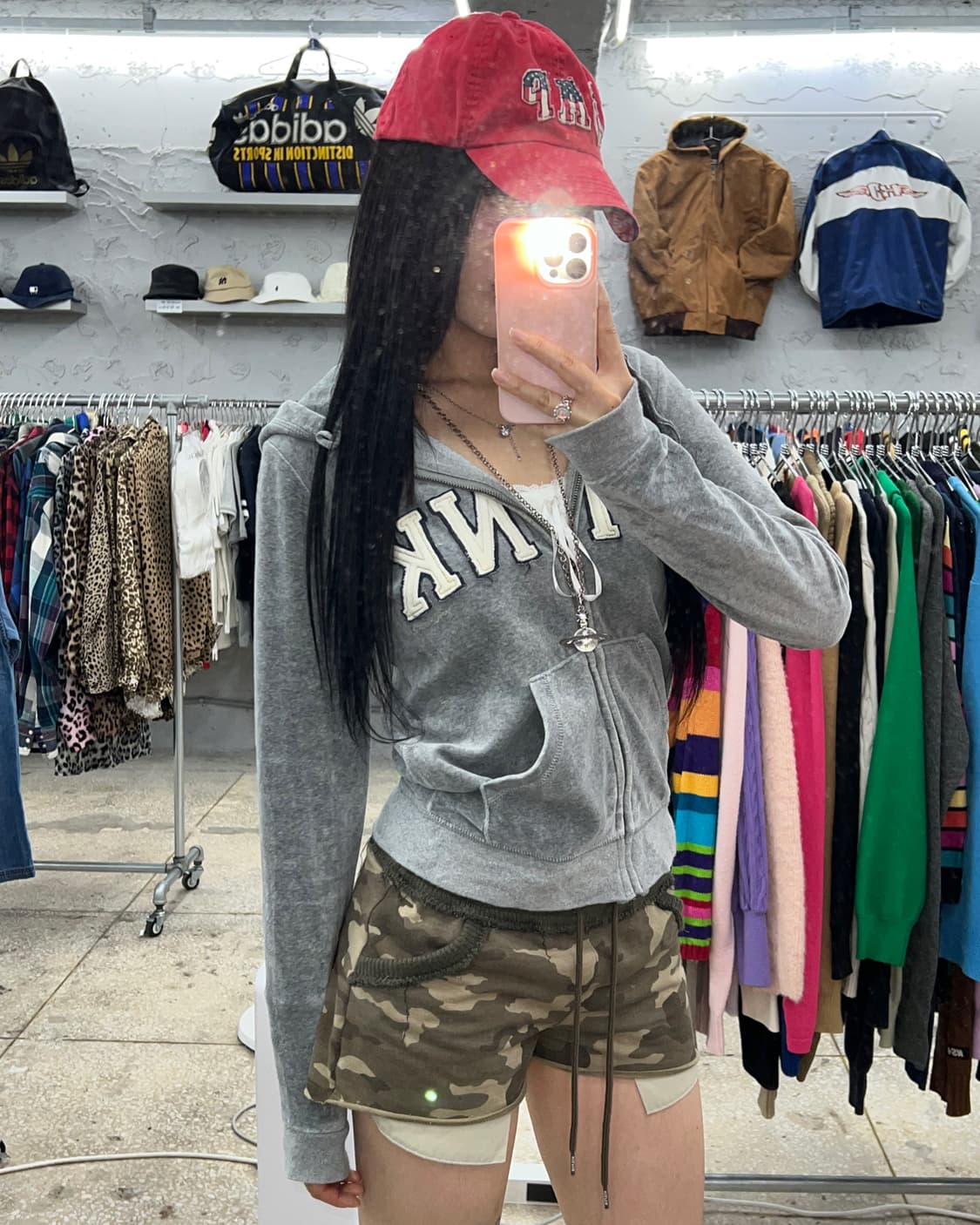 PINK 그레이 벨벳 후드집업 상품이미지5