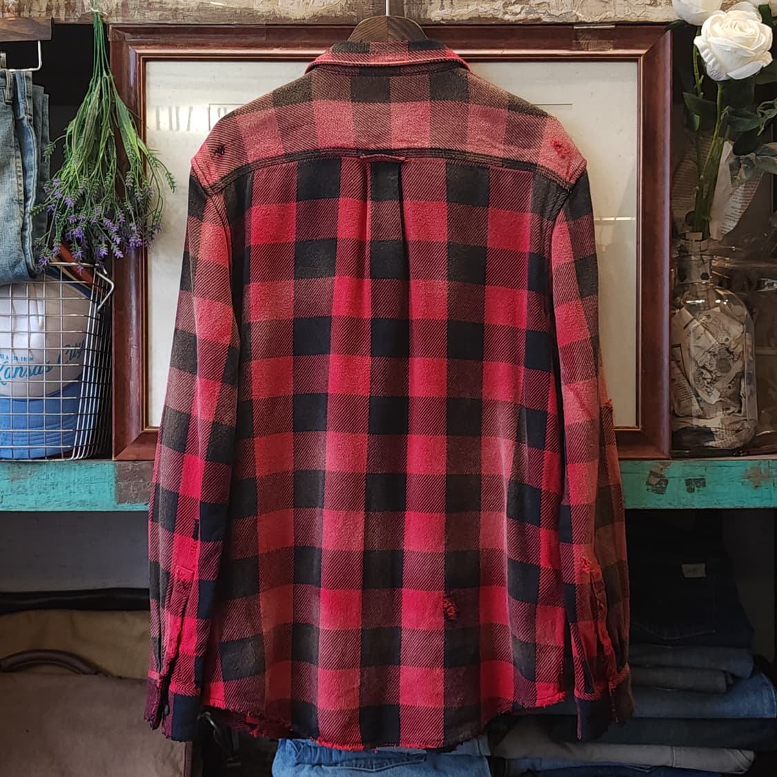 90s 빈티지 체크셔츠 헤비 플란넬 워크셔츠 썬페이딩 레드 윈도우 L 상품이미지2
