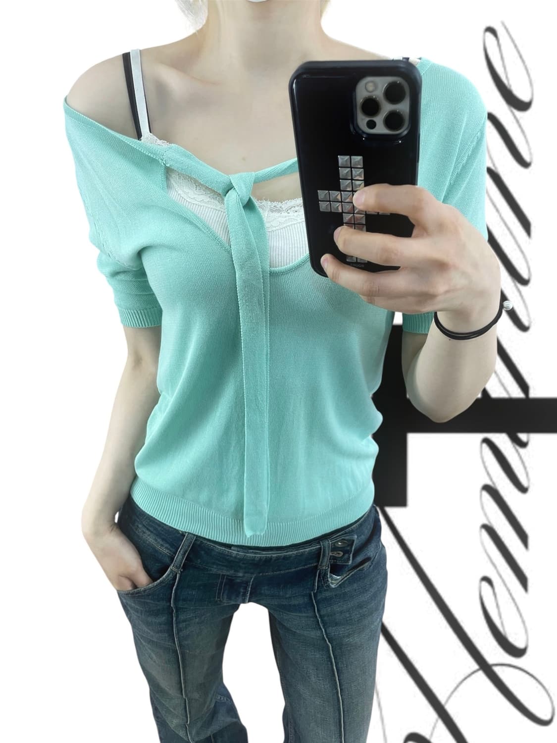 00s 2010 빈티지민트 레이어드반팔니트레이스란제리나시셋업 핀터레스트 상품이미지6