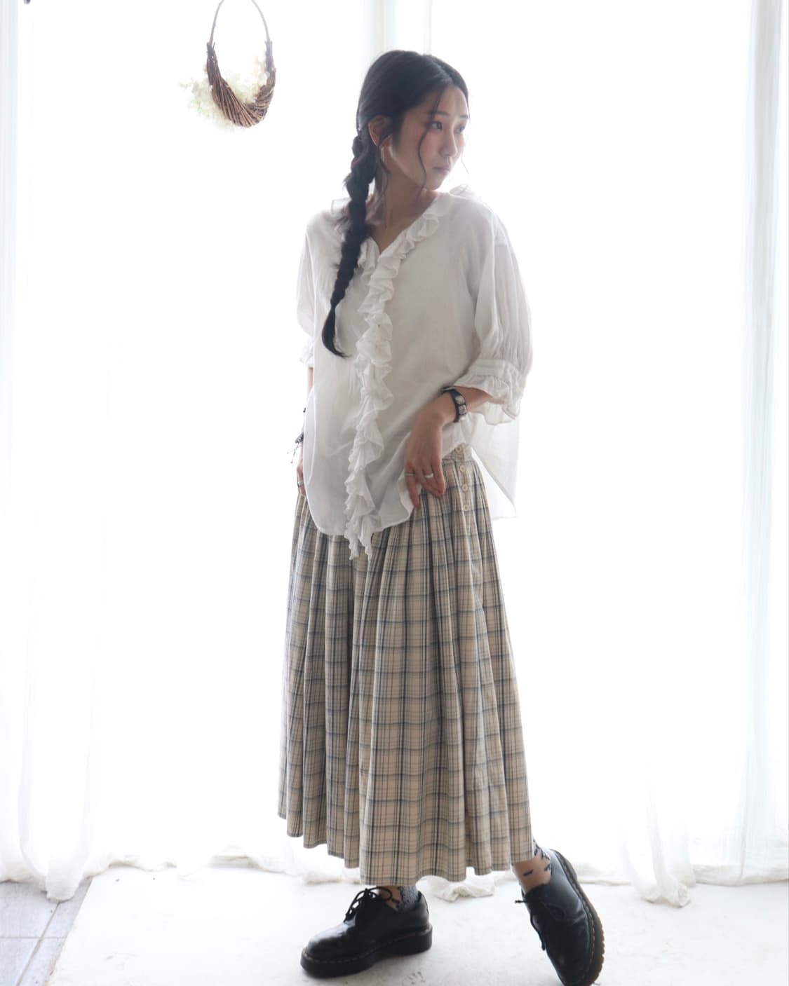 [45rpm] Blue Check Gather Flare Skirt 상품이미지3