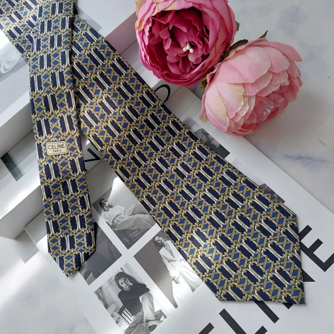 CELINE 셀린느 실크 네이비 패턴 넥타이 9.5cm A+등급 K258 상품이미지4