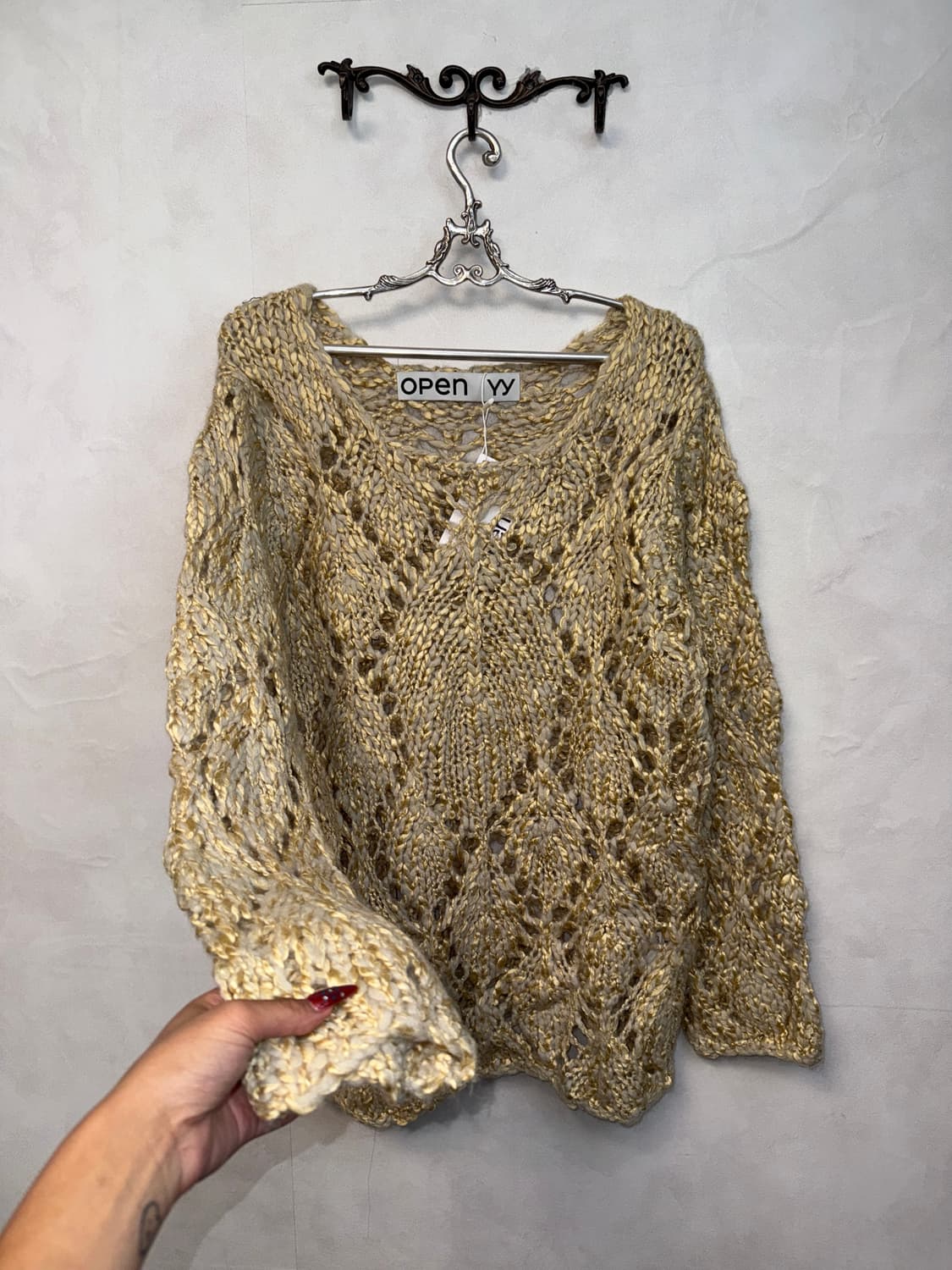 OPEN YY argyle pointelle pullover beige  상품이미지2