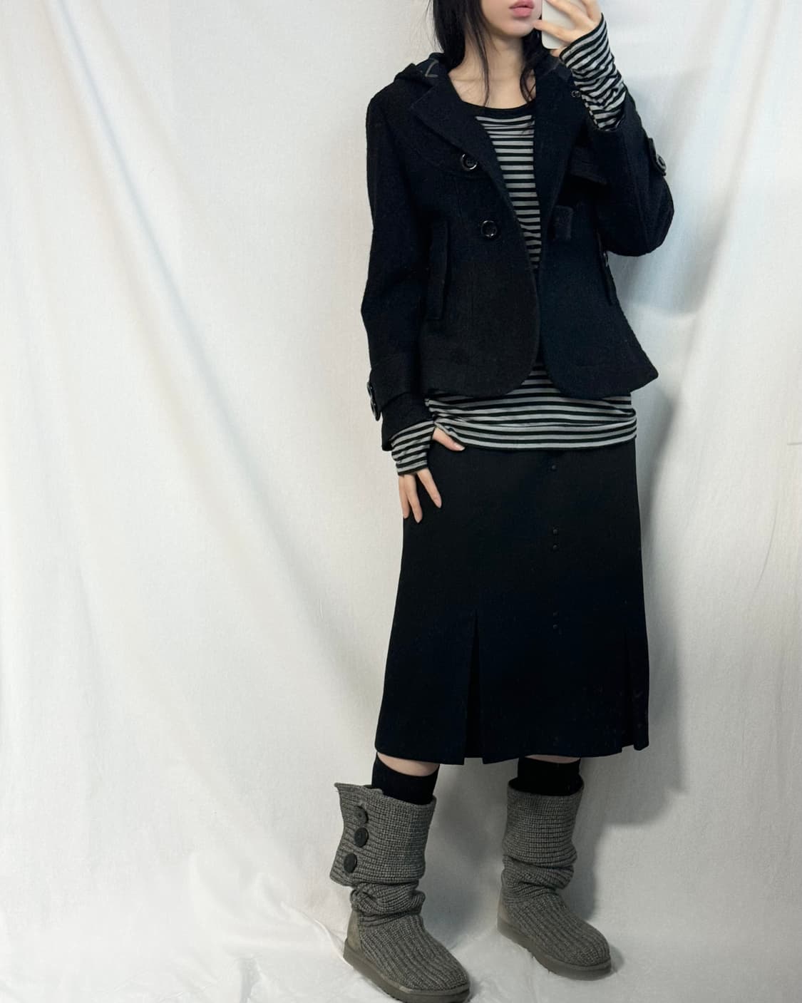 벨티드 버튼 디테일 램스울 후디드 코트 상품이미지5