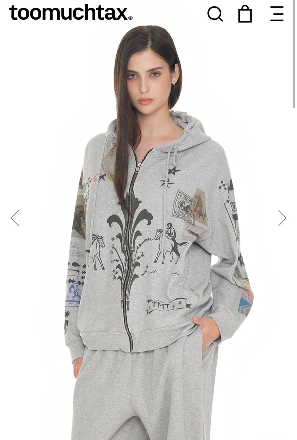 투머치택스 PRINTED WAFFLE ZIP-UP HOODIE GREY 상품이미지1