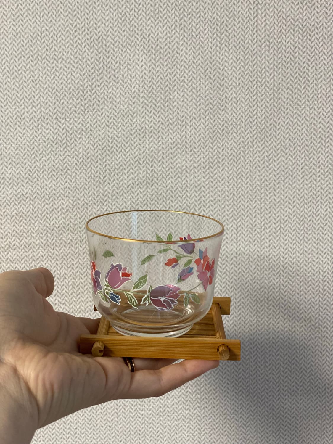 일본수입 ADERIA GLASS 플라워 유리 찻잔 5객 세트 (우드 받침 상품이미지5