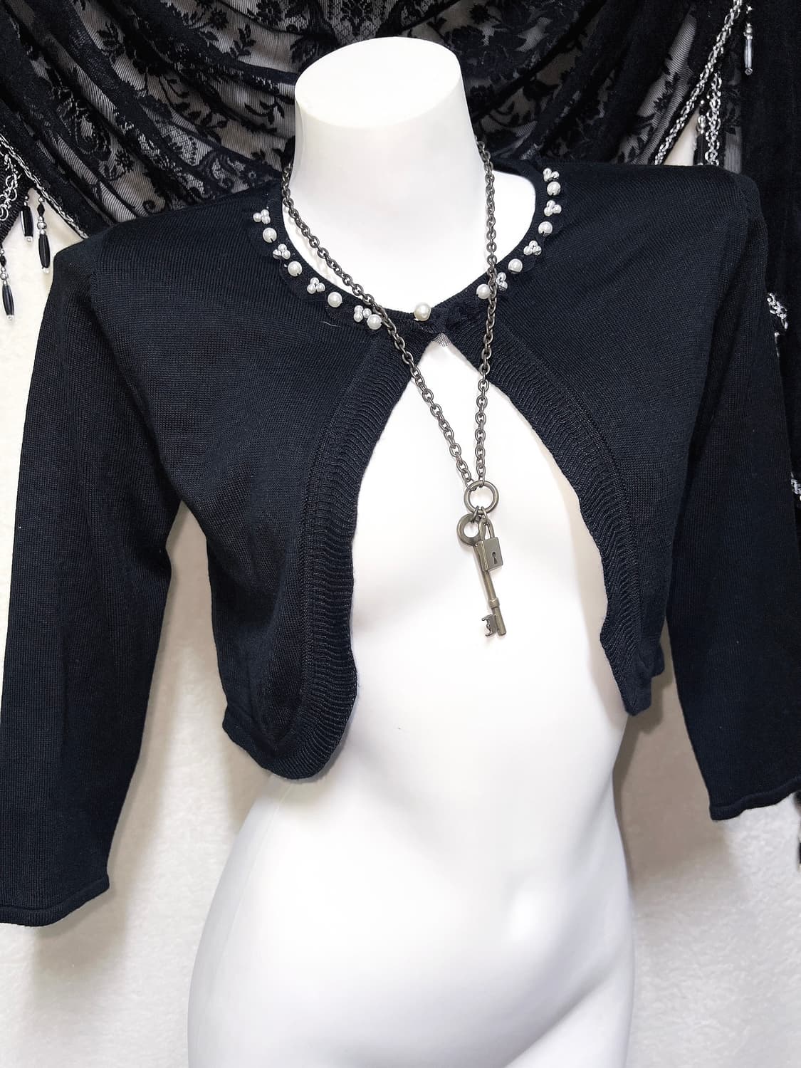 로맨틱갸루 로걀 고딕 고스로리 블랙 진주 크롭 볼레로 가디건 핀터 페어리 상품이미지5