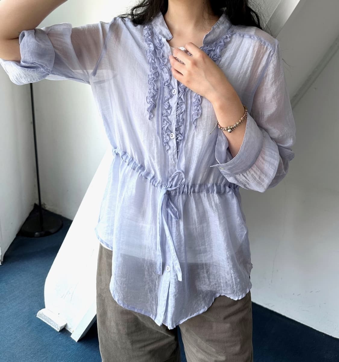 Sheer fabric shirred design blouse shirt 상품이미지8