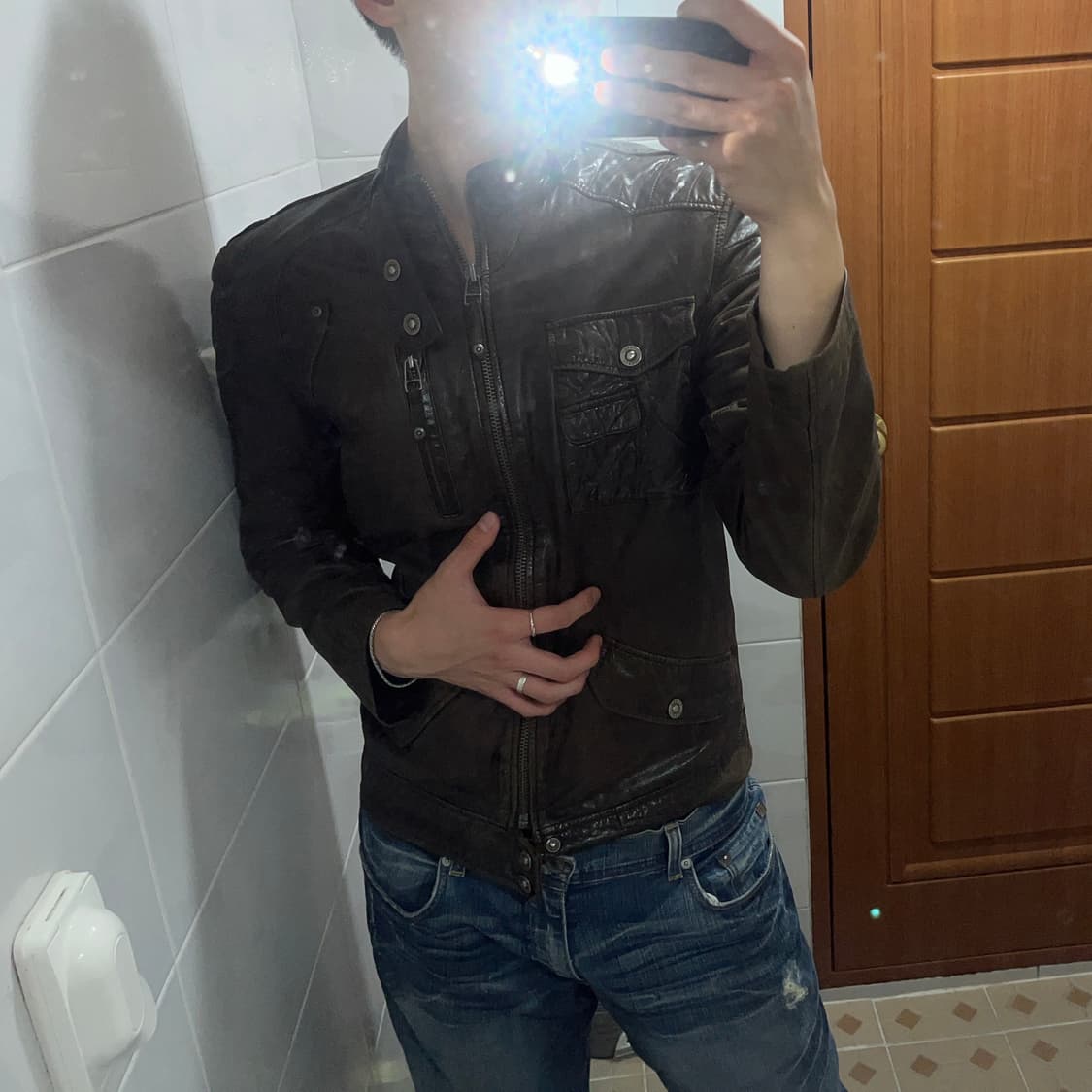 실착) 언밸런스 멀티포켓 램스킨 레더 자켓 빈티지브라운 상품이미지4