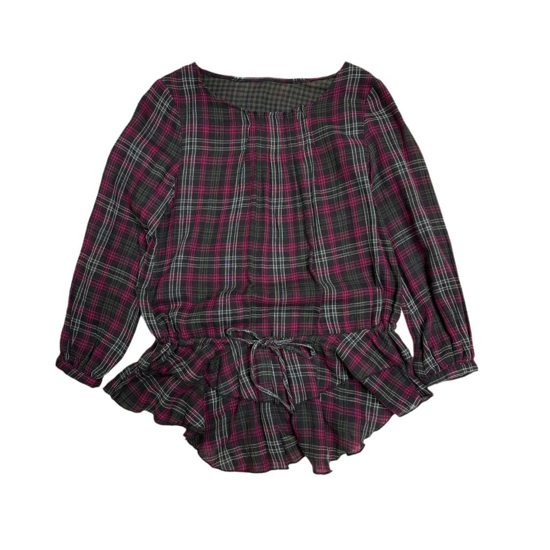 빈티지 하구미낭낭 그린티 체크 플리츠 롱 블라우스 상품이미지3