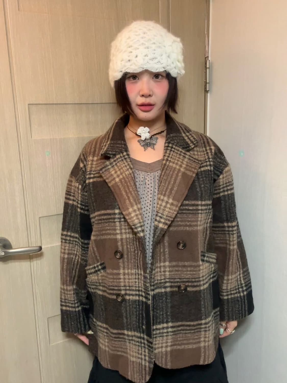 체크 브라운 반코트 상품이미지1