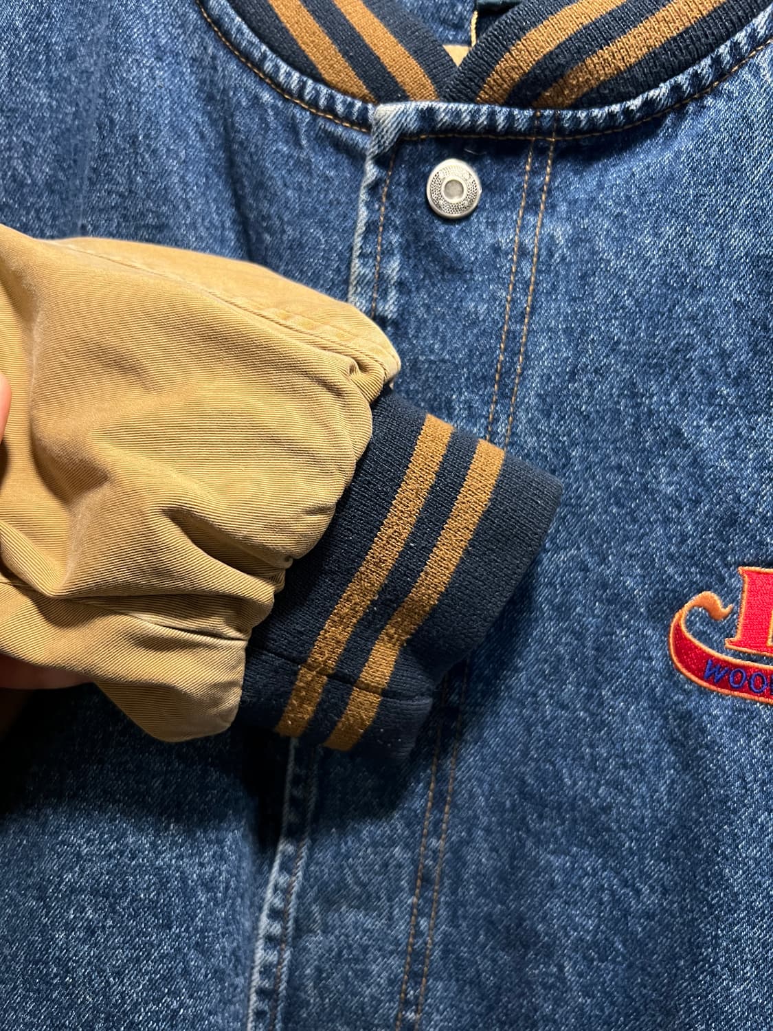 [2XL]90's USA 빈티지 워싱 LOPI 브라운 데님 바시티 자켓 상품이미지4