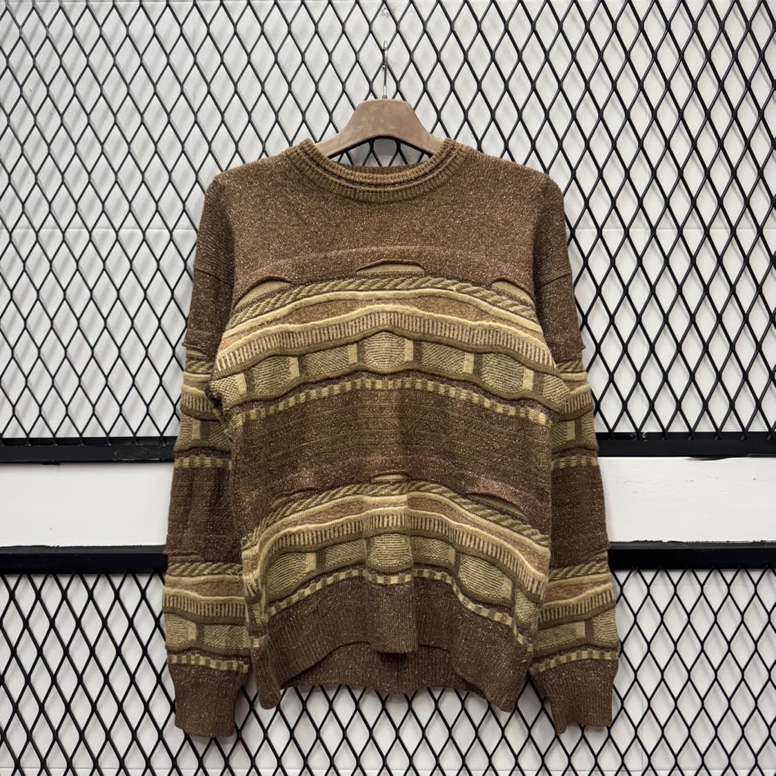 JPN VTG 기하학 패턴 울 니트 스웨터 케이블 디테일 브라운 상품이미지1