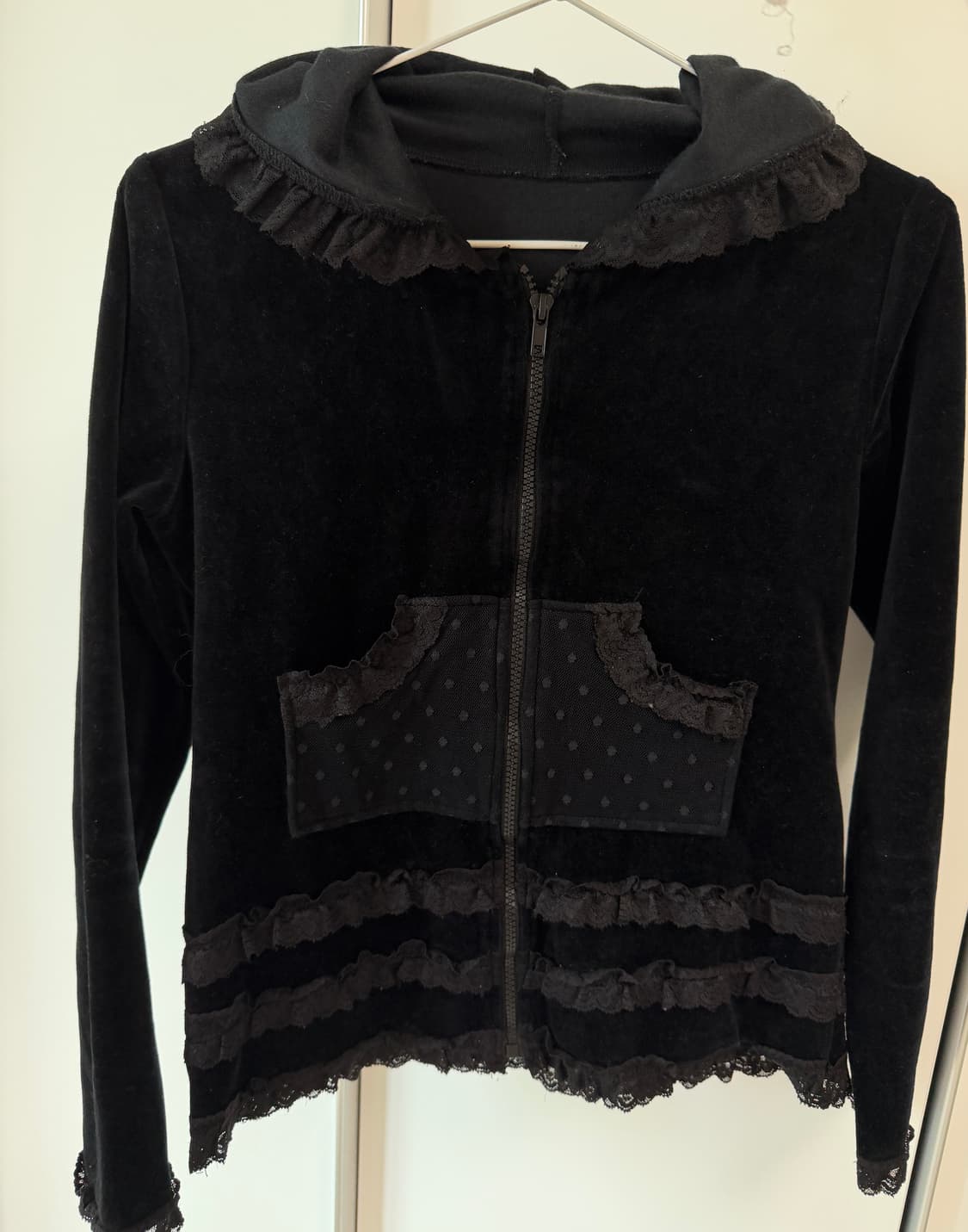 블랙 레이스 도트 벨벳 후드집업 black dots hoodie 상품이미지1