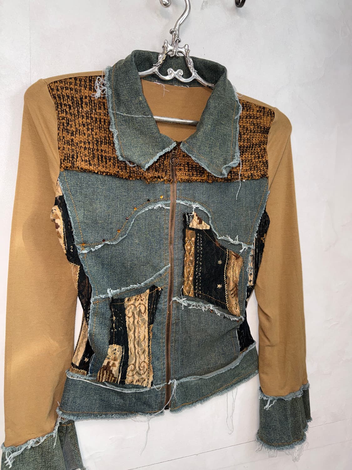 Brown ethnic lace knit patch denim zipup 상품이미지4