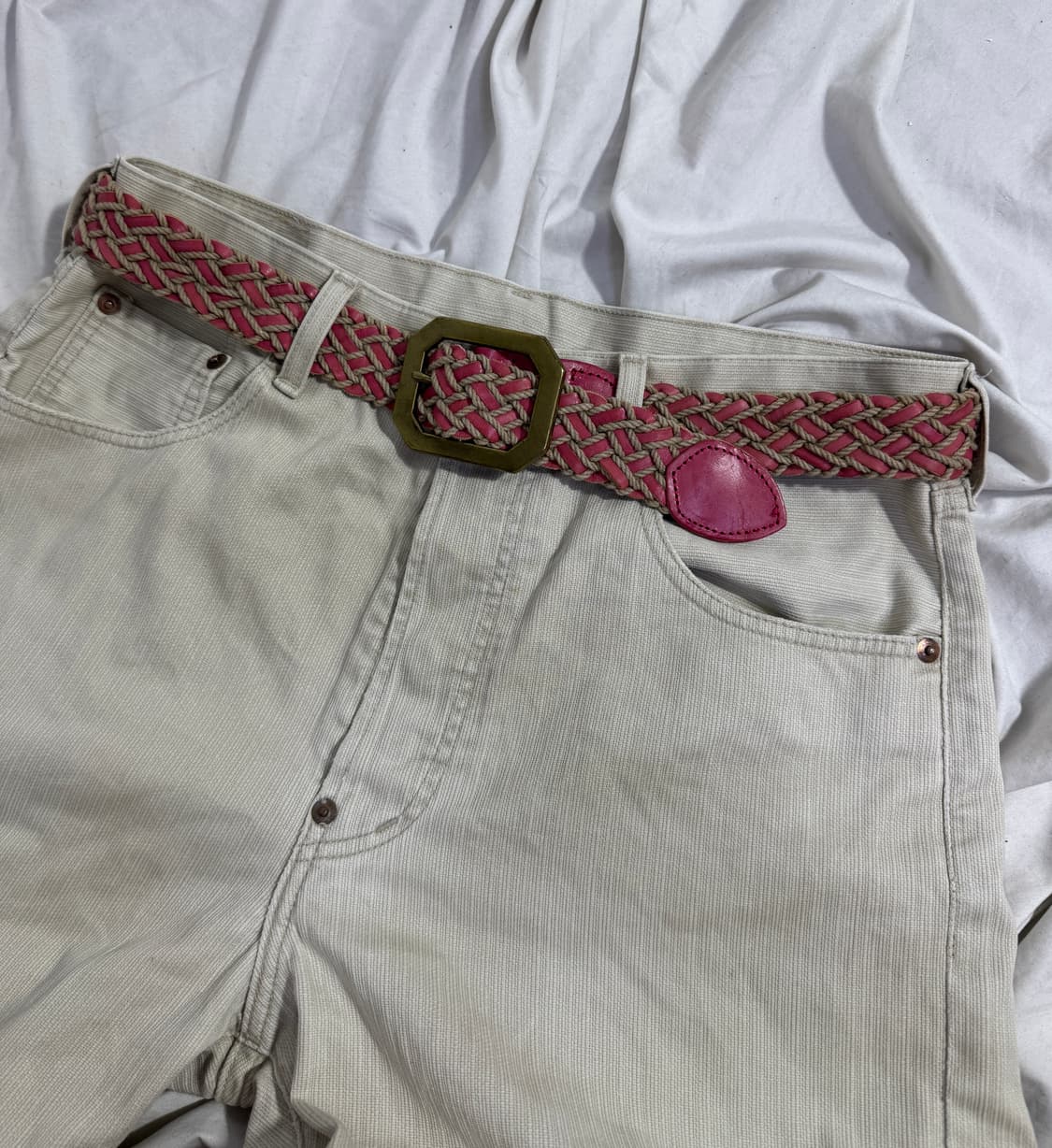 빈티지 핑크 위빙 레더 벨트 상품이미지1
