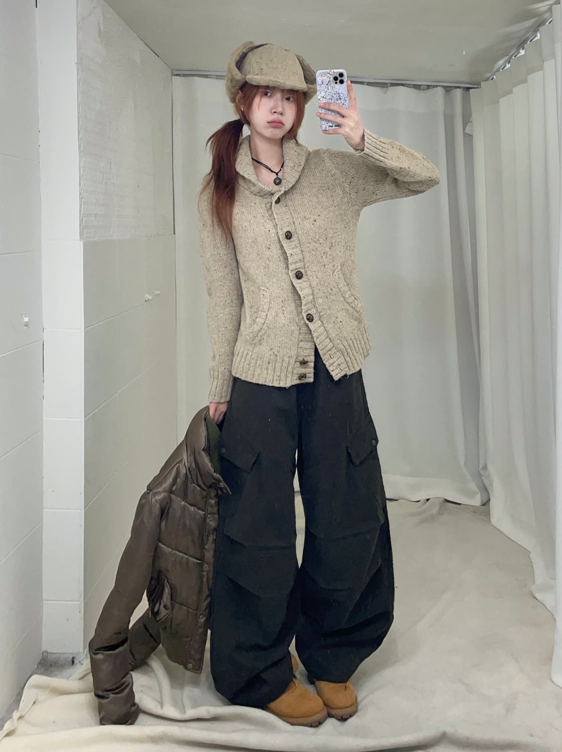 빈티지 카키 아이보리 캐주얼 폭닥 코디 세트 상품이미지3