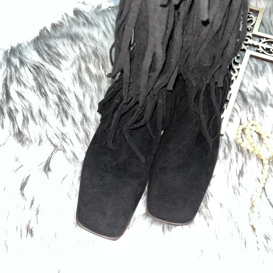 빈티지 블랙 스웨이드 프린지 스퀘어 부츠 상품이미지7