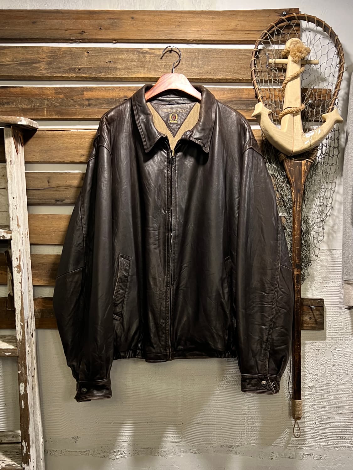 [2XL]90's 타미힐피거 USA 리얼레더 브라운 드리즐러 자켓 상품이미지1