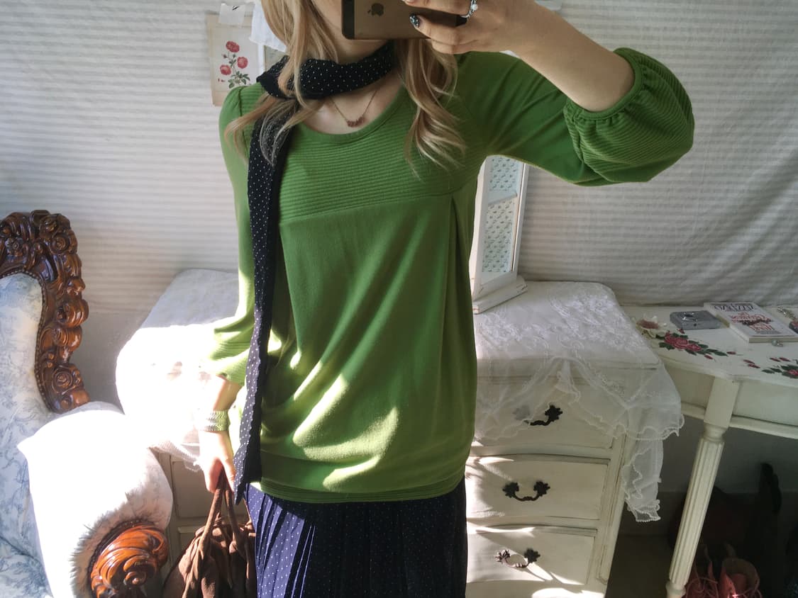 Set) 그린 퍼프 롱슬리브 + 도트 머플러 상품이미지3