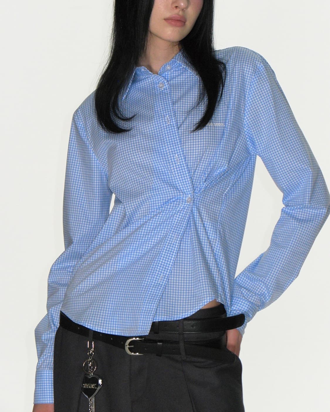 [베이비몬스터 아사 착용] 크랭크 깅엄 체크 셔츠 & 넥타이 세트_스카이 상품이미지3