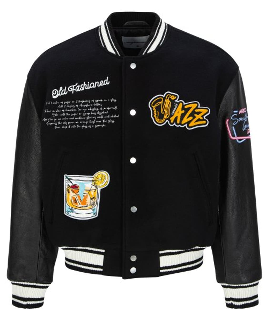 [M] 언지미크 레더 슬리브 자수 패치 바시티 자켓 상품이미지3