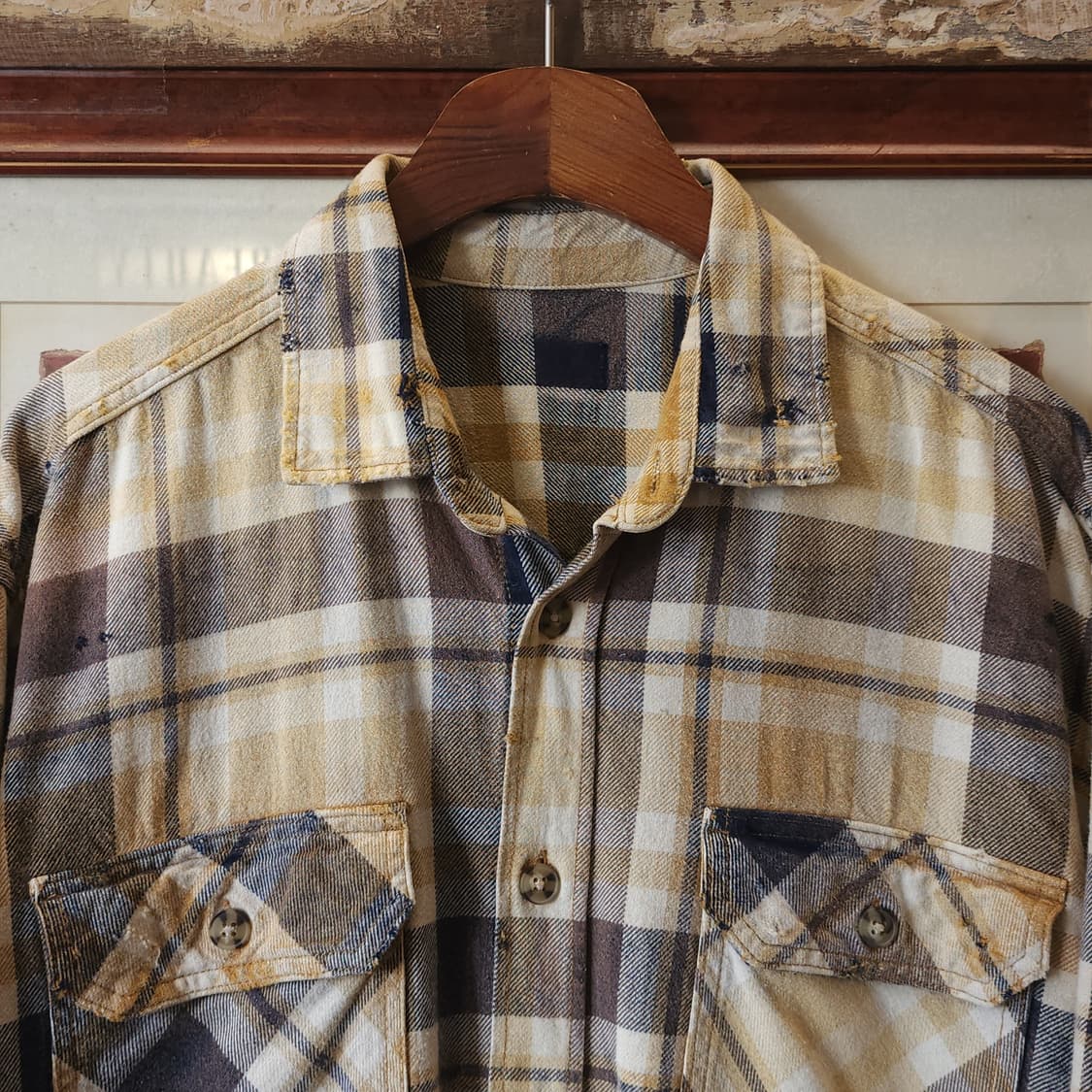 90s 빈티지 체크셔츠 헤비 플란넬 워크셔츠 썬페이딩 옐로우 L 상품이미지4