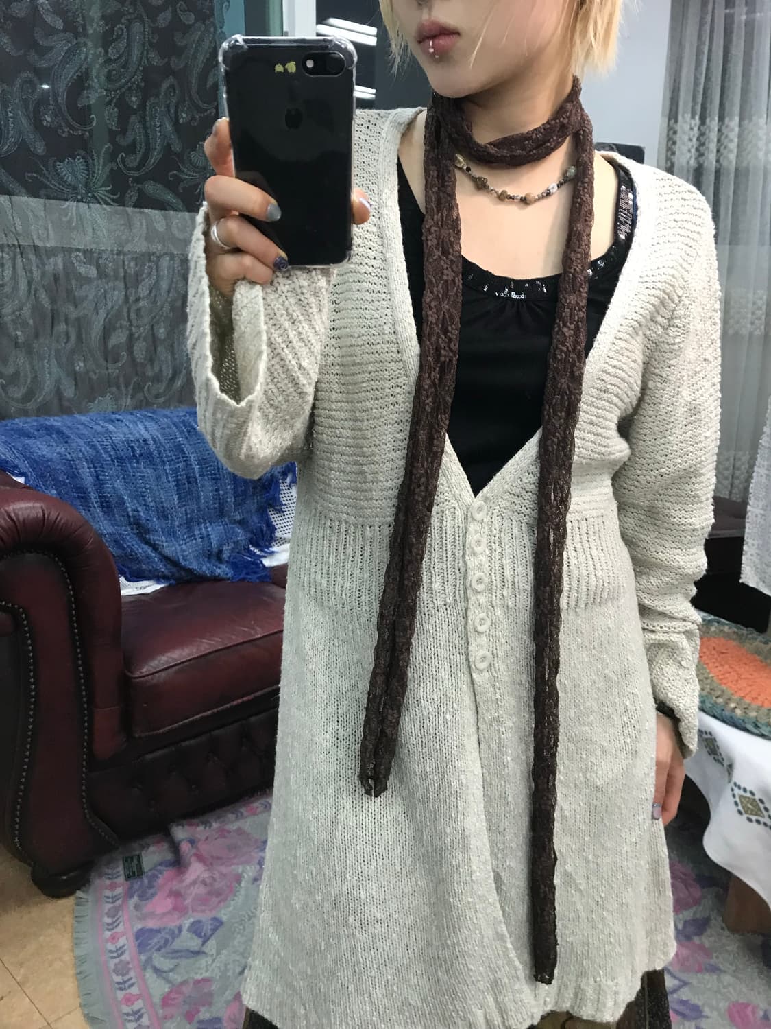 여성 브라운 레이스 디테일 스카프  상품이미지1