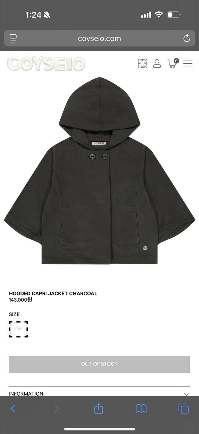 코이세이오 후디드 카프리 자켓 차콜 상품이미지1