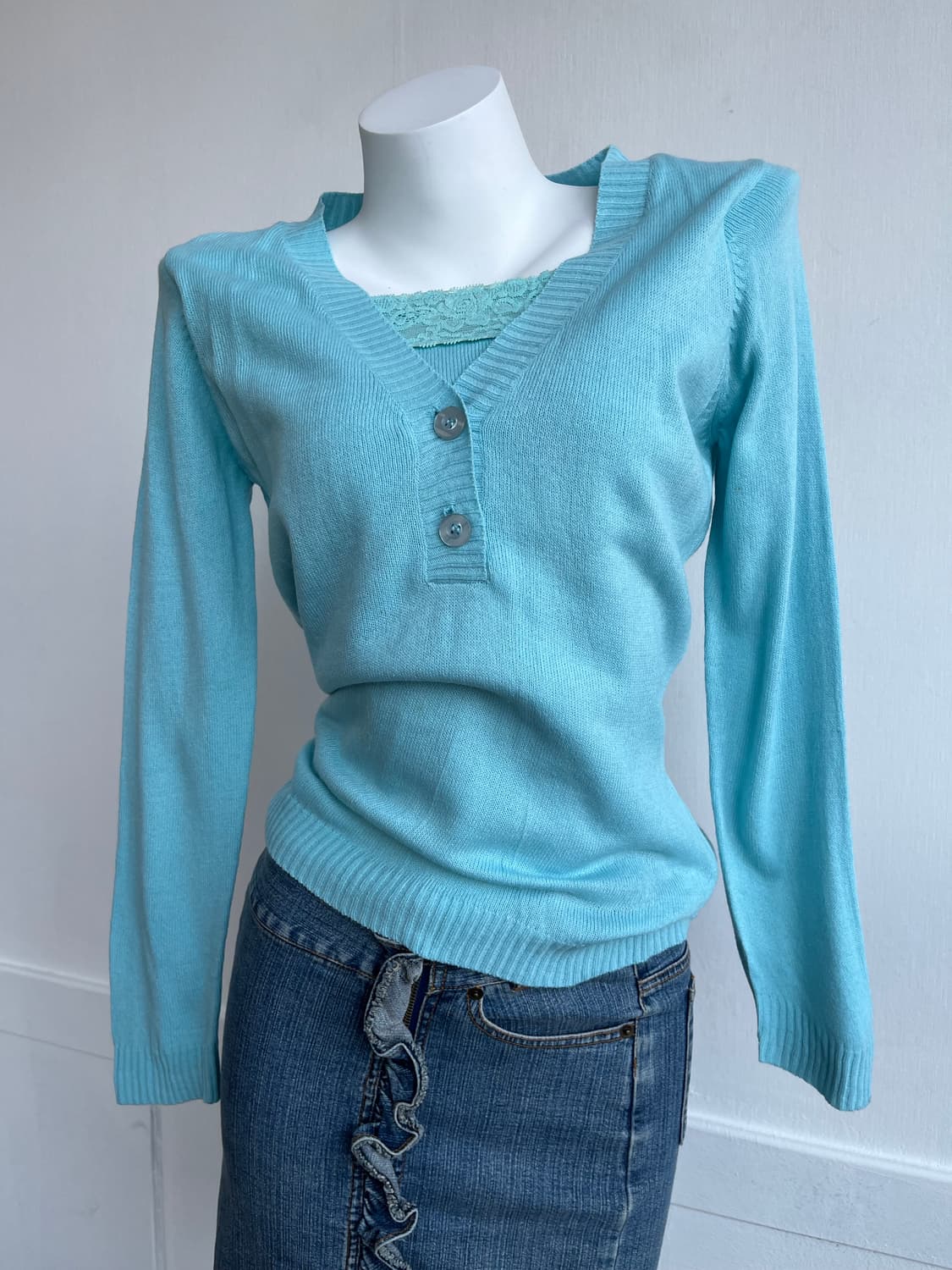 Save Our Soul 아쿠아 브이넥 버튼 니트 상품이미지1