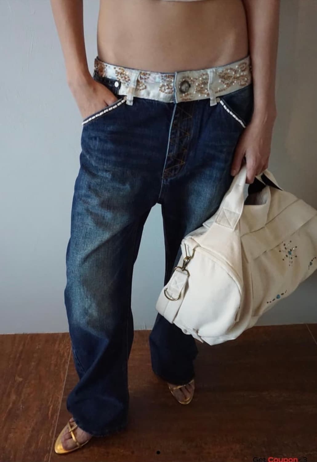 Beaded Waist Denim Pants Indigo Blue 상품이미지3