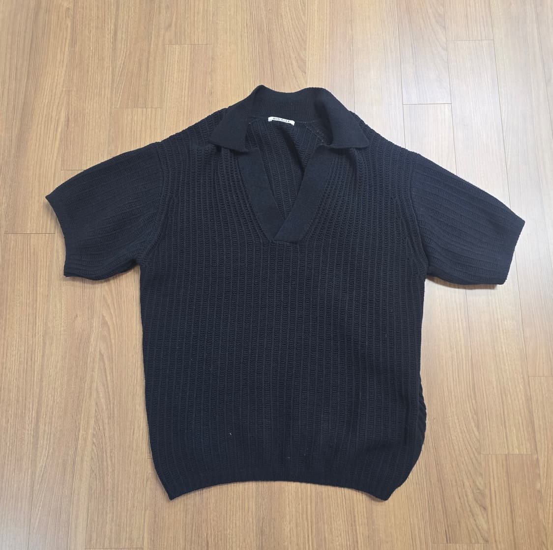 (4) 오라리 브러쉬드 코튼 울 립 니트 스키퍼 폴로 반팔 블랙 상품이미지1