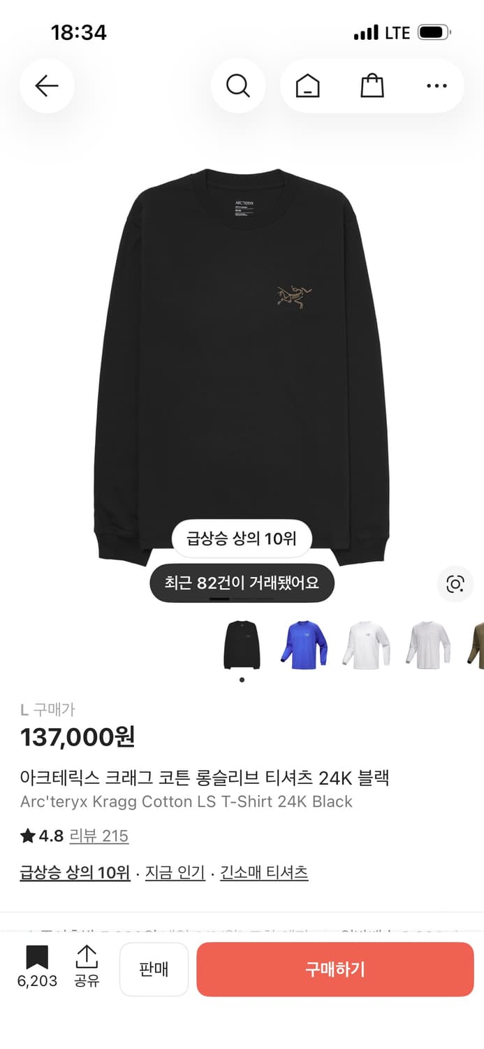 Arc'teryx Kragg Cotton LS T-Shirt 24K Bl 상품이미지1