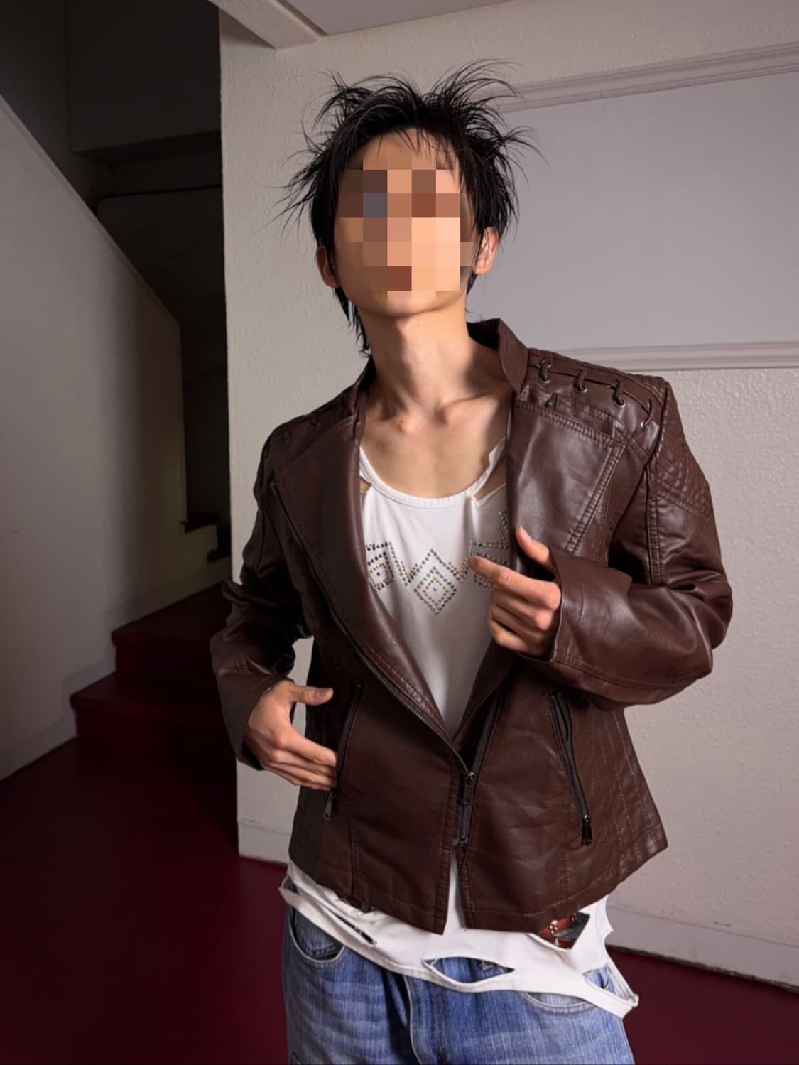 레드브라운 페이크 더블 레더 자켓 상품이미지2